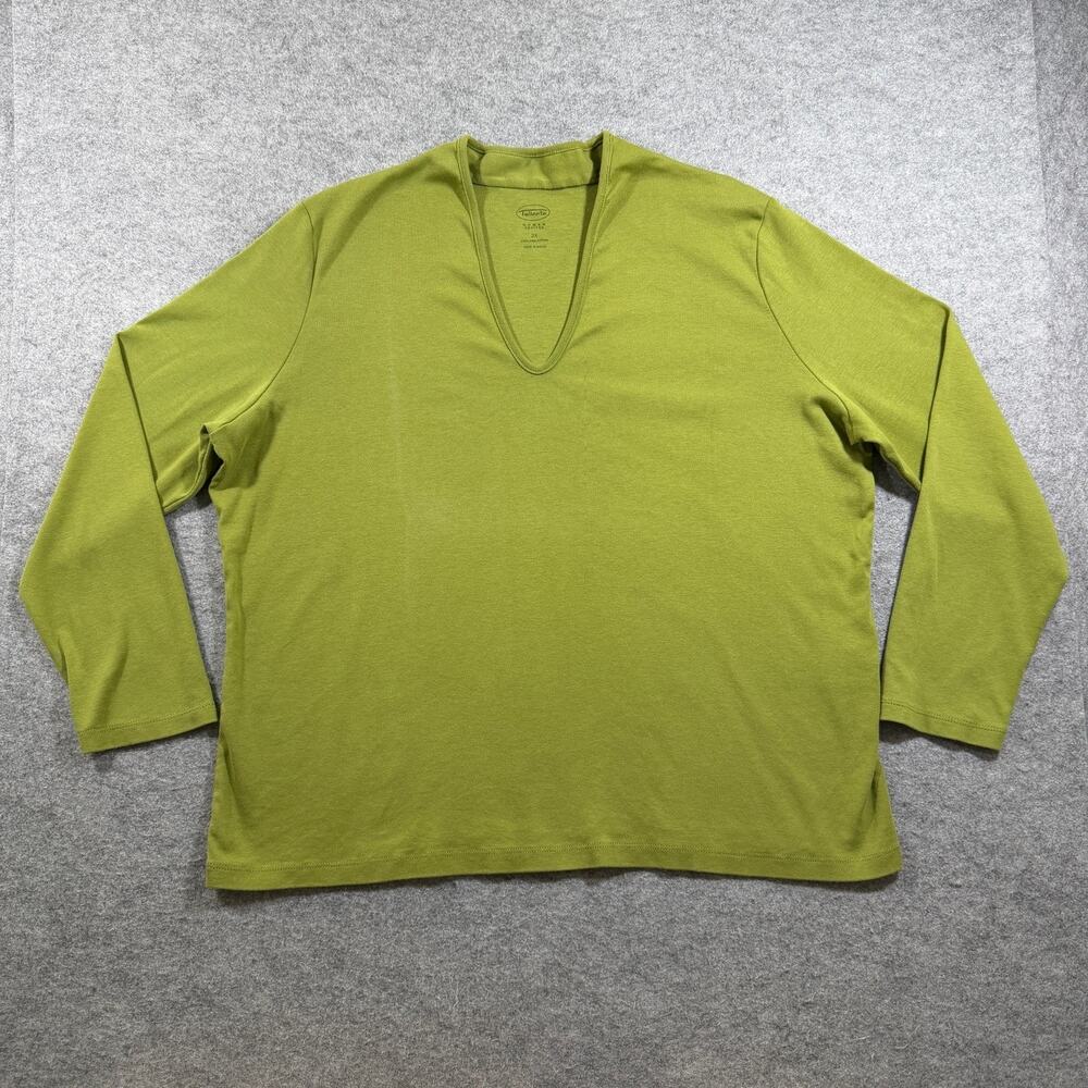 Talbots Pima Cotton Shirt Womens 2X Petite Olive Green Deep V-Neck Preppy Top